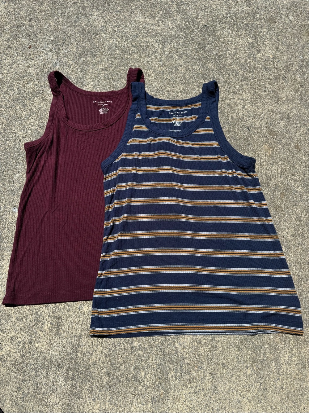 American Eagle Soft & Sexy Maroon & Striped Navy Ribbed Tanks Medium